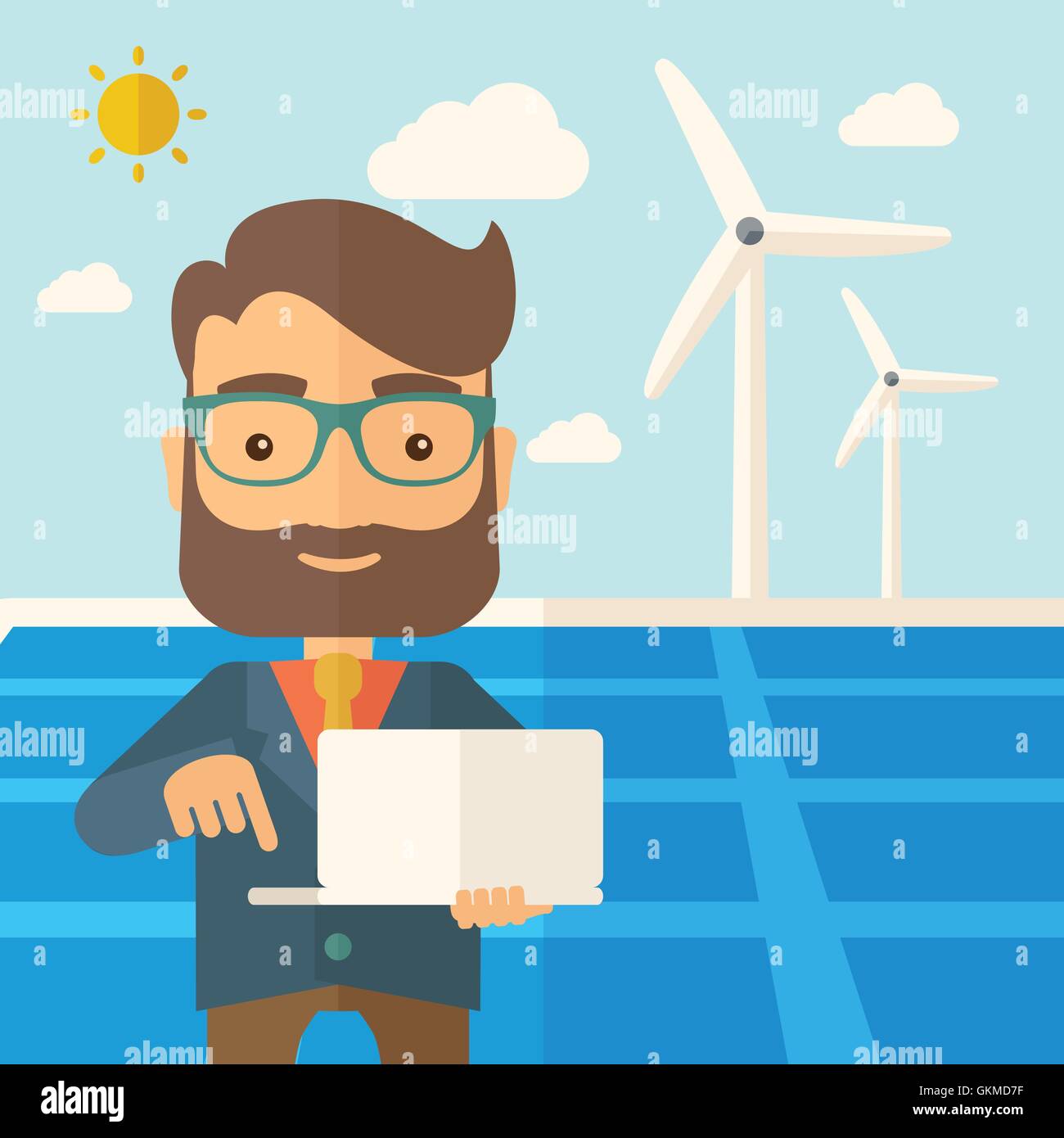 Man with laptop in solar panel. Stock Vector