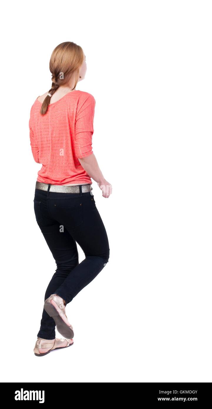 back view of running woman in jeans Stock Photo Alamy