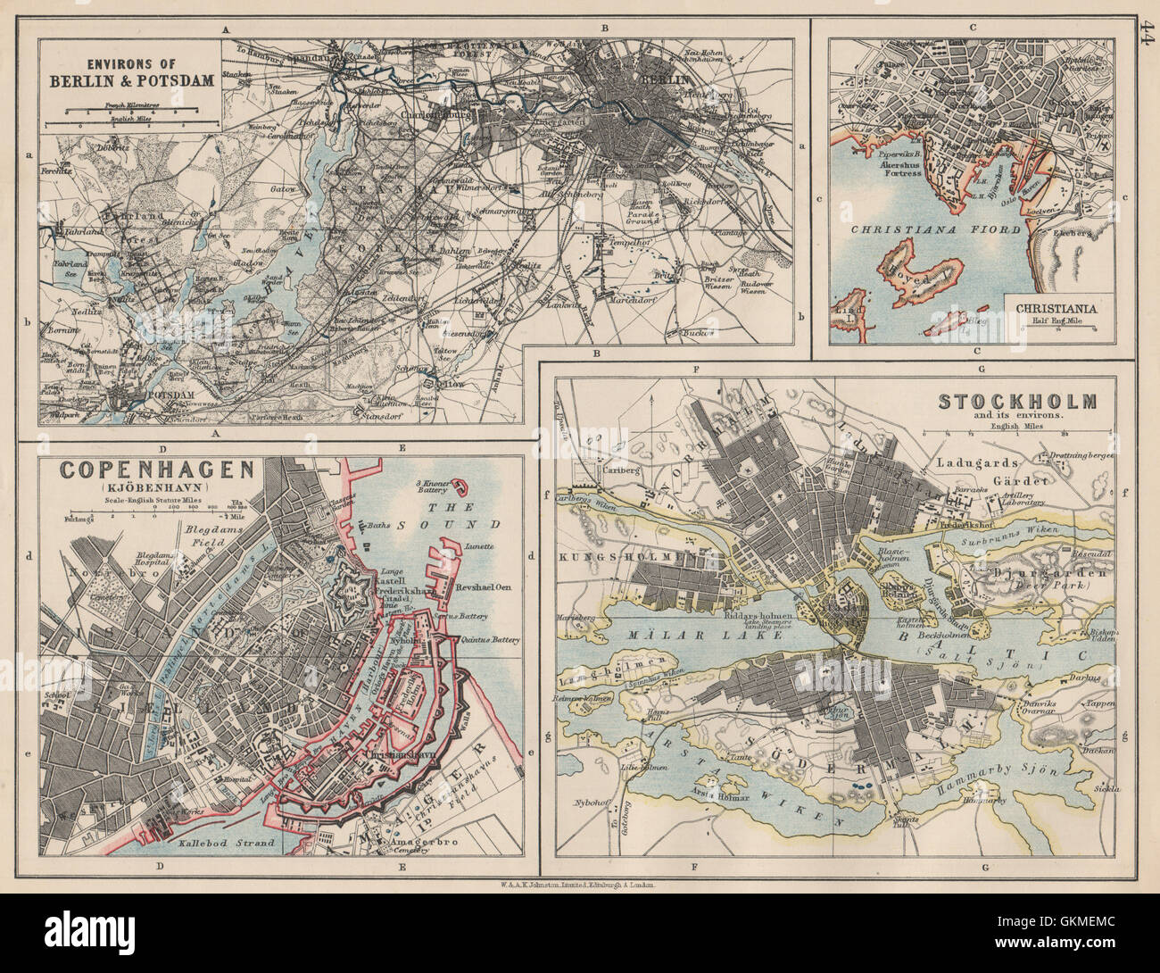 EUROPEAN CITIES. Berlin Copenhagen Stockholm Christiania/Oslo. JOHNSTON 1903 map Stock Photo