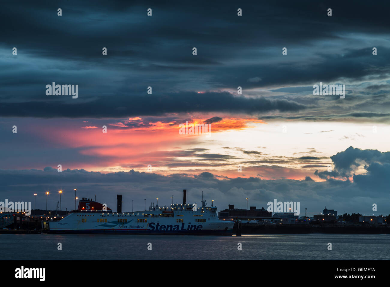 The Belfast to Birkenhead ferry being loaded up with lorries at dusk