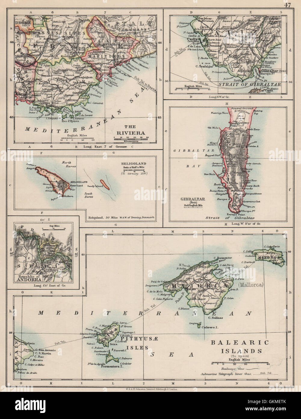 EUROPE.Balearic islands.Heligoland Gibraltar Andorra Riviera.JOHNSTON, 1903 map Stock Photo