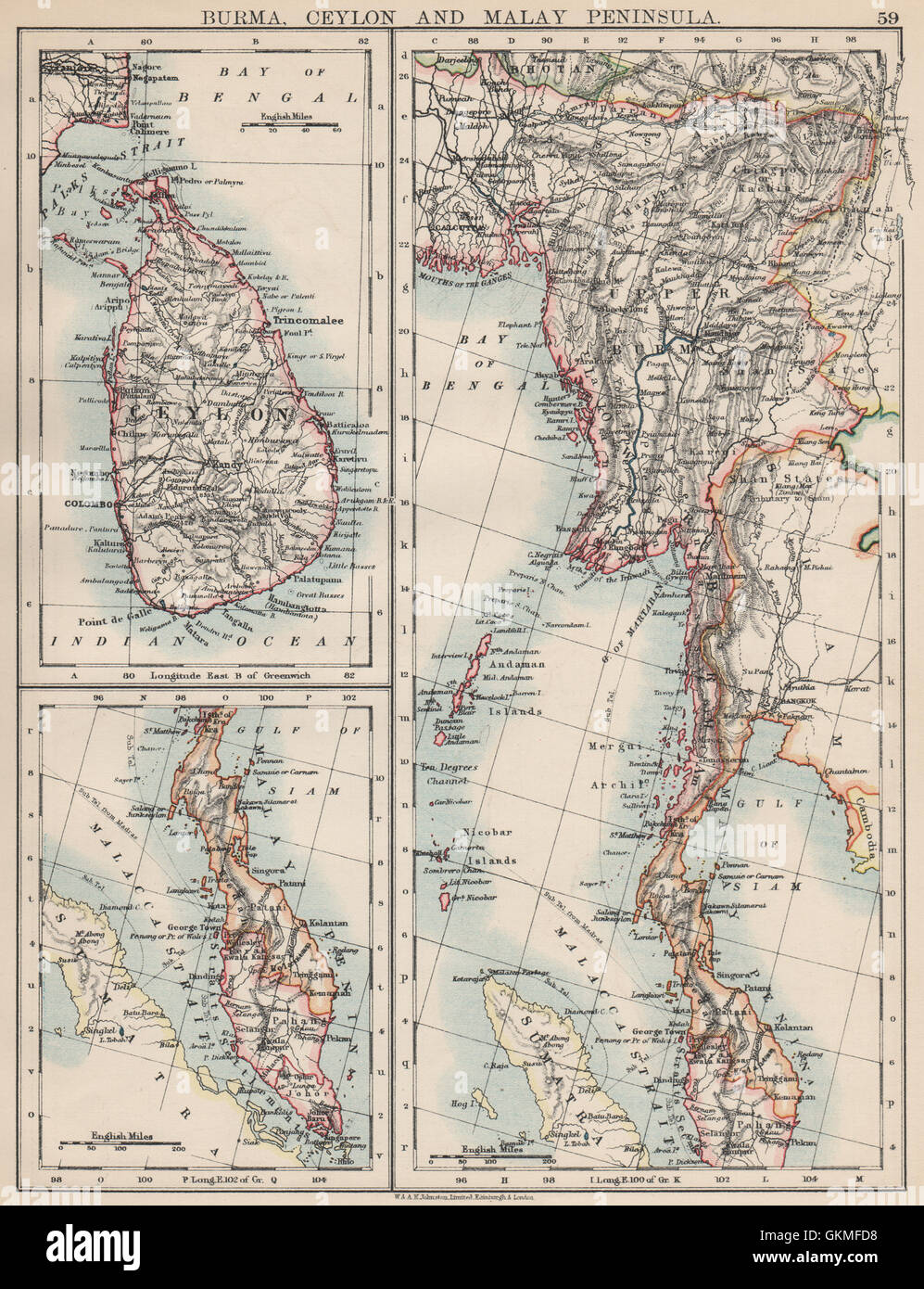 BURMA CEYLON SIAM MALAY PENINSULA. Assam Singapore Thailand, 1903 antique map Stock Photo