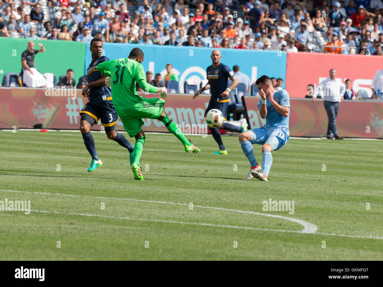 Yankee Stadium, New York, USA. 20th Aug, 2016. Goalkeeper Clement Diop (31) of LA Galaxy saves ball during MLS match against NYC FC on Yankees stadium NYC FC won 1 - 0 (Phjoto by Lev Radin/Pacific Press) Credit:  PACIFIC PRESS/Alamy Live News Stock Photo