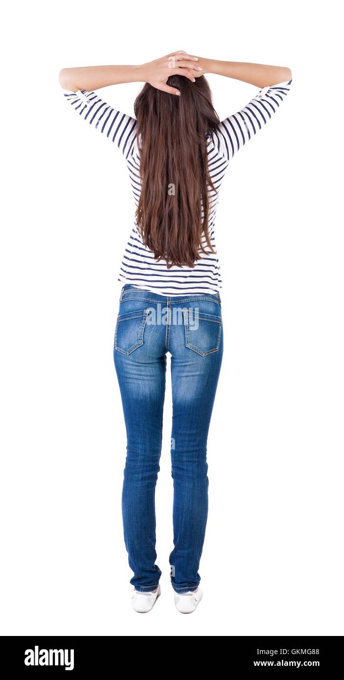 back view of standing young beautiful brunette woman Stock Photo - Alamy