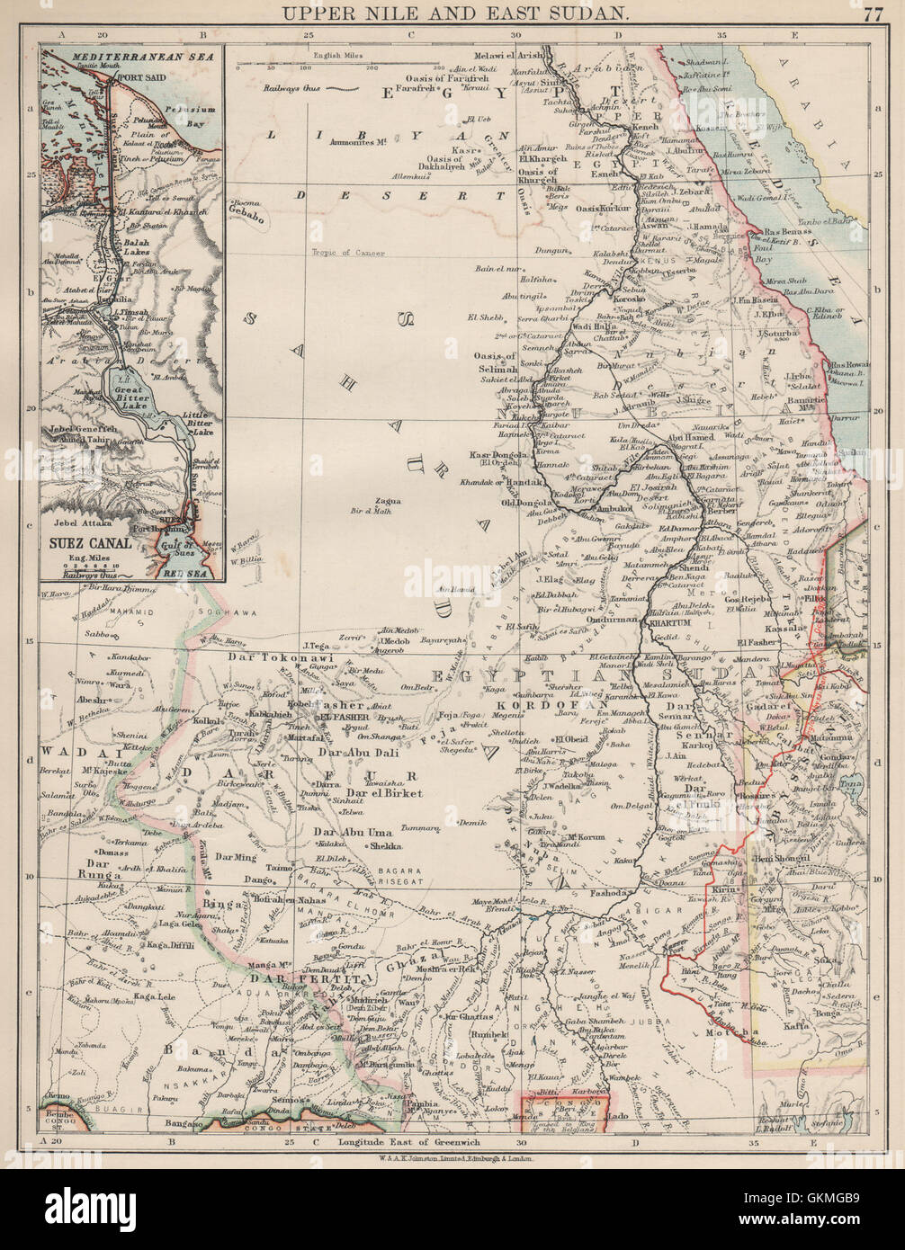 UPPER NILE, EAST SUDAN & SUEZ CANAL. Khartoum.White/Blue Nile. JOHNSTON 1903 map Stock Photo