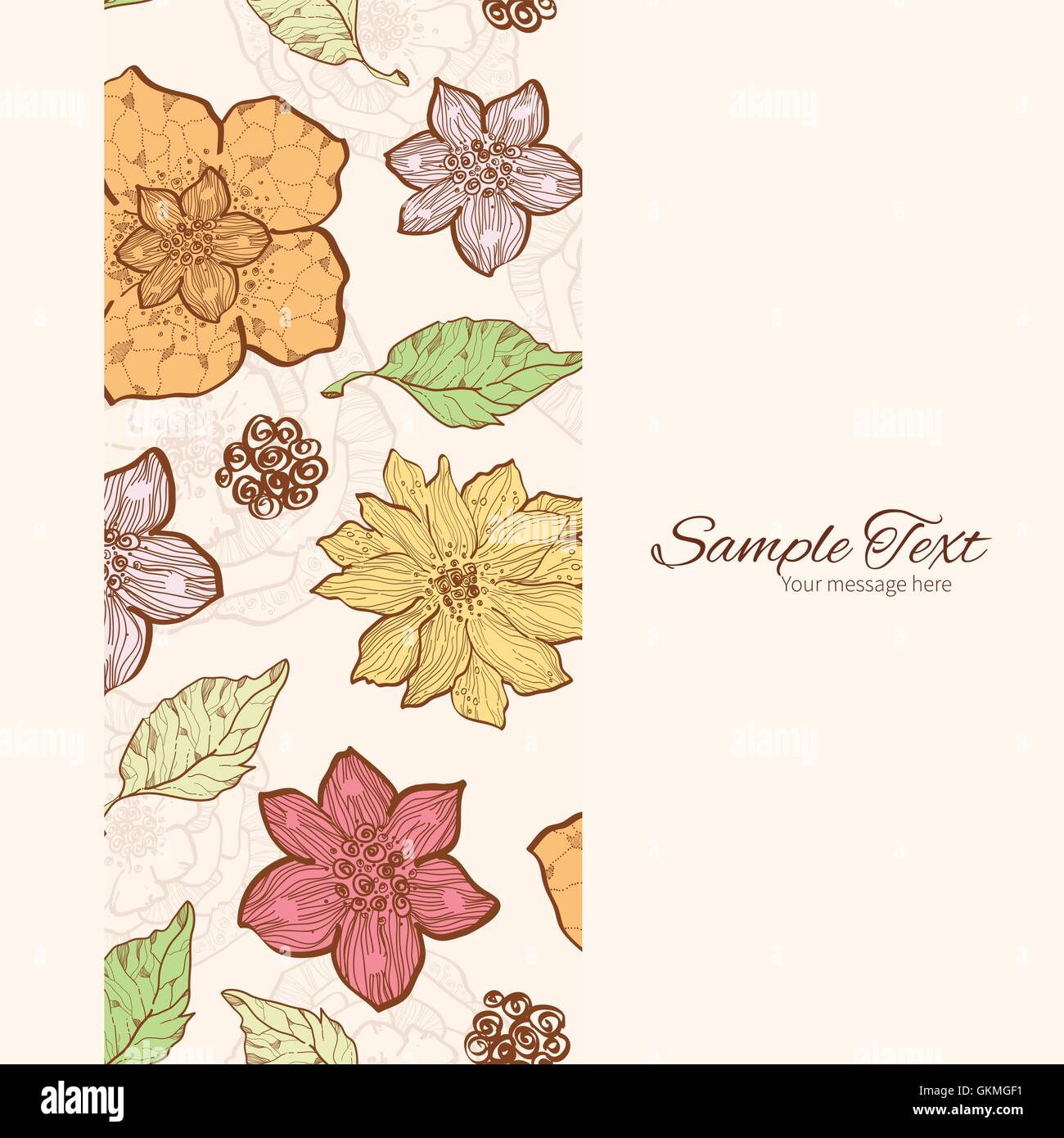 Vector Warm Fall Lineart Flowers Vertical Frame Seamless Pattern Stock ...