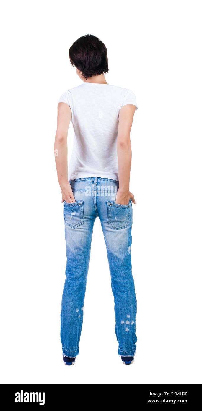 back view of standing young beautiful brunette woman Stock Photo - Alamy