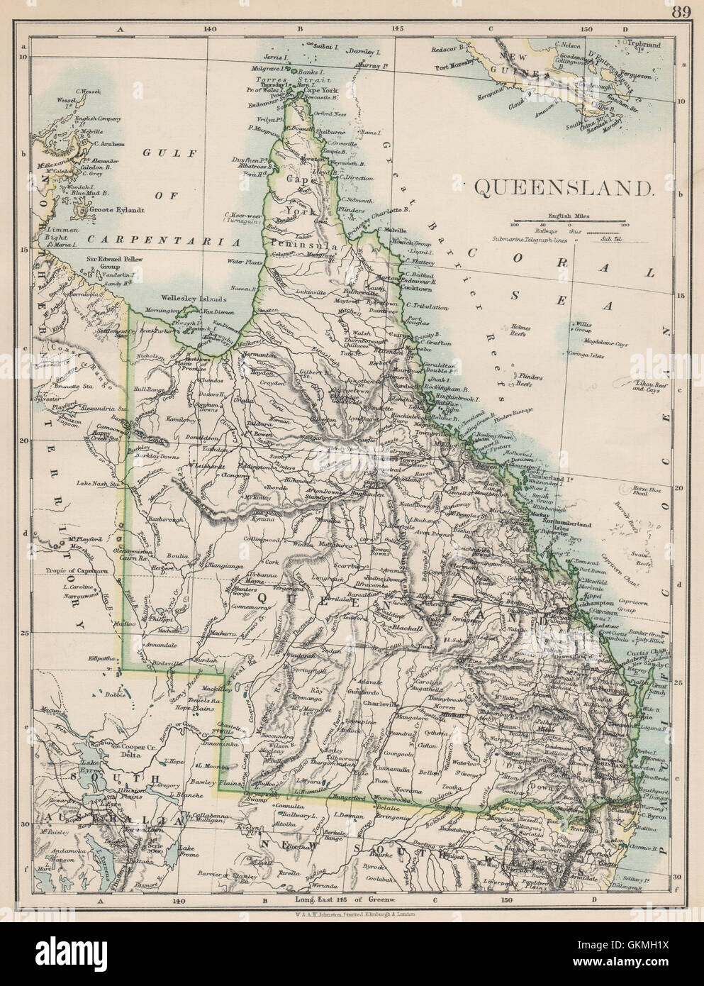 State map Brisbane Gold Coast Railways Australia JOHNSTON 1900 QUEENSLAND 