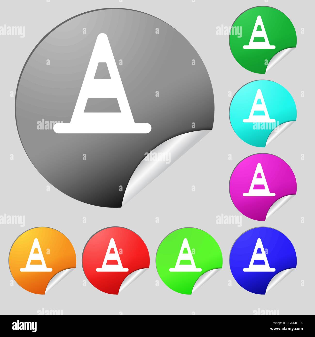 road cone icon sign. Set of eight multi-colored round buttons, stickers. Vector Stock Vector
