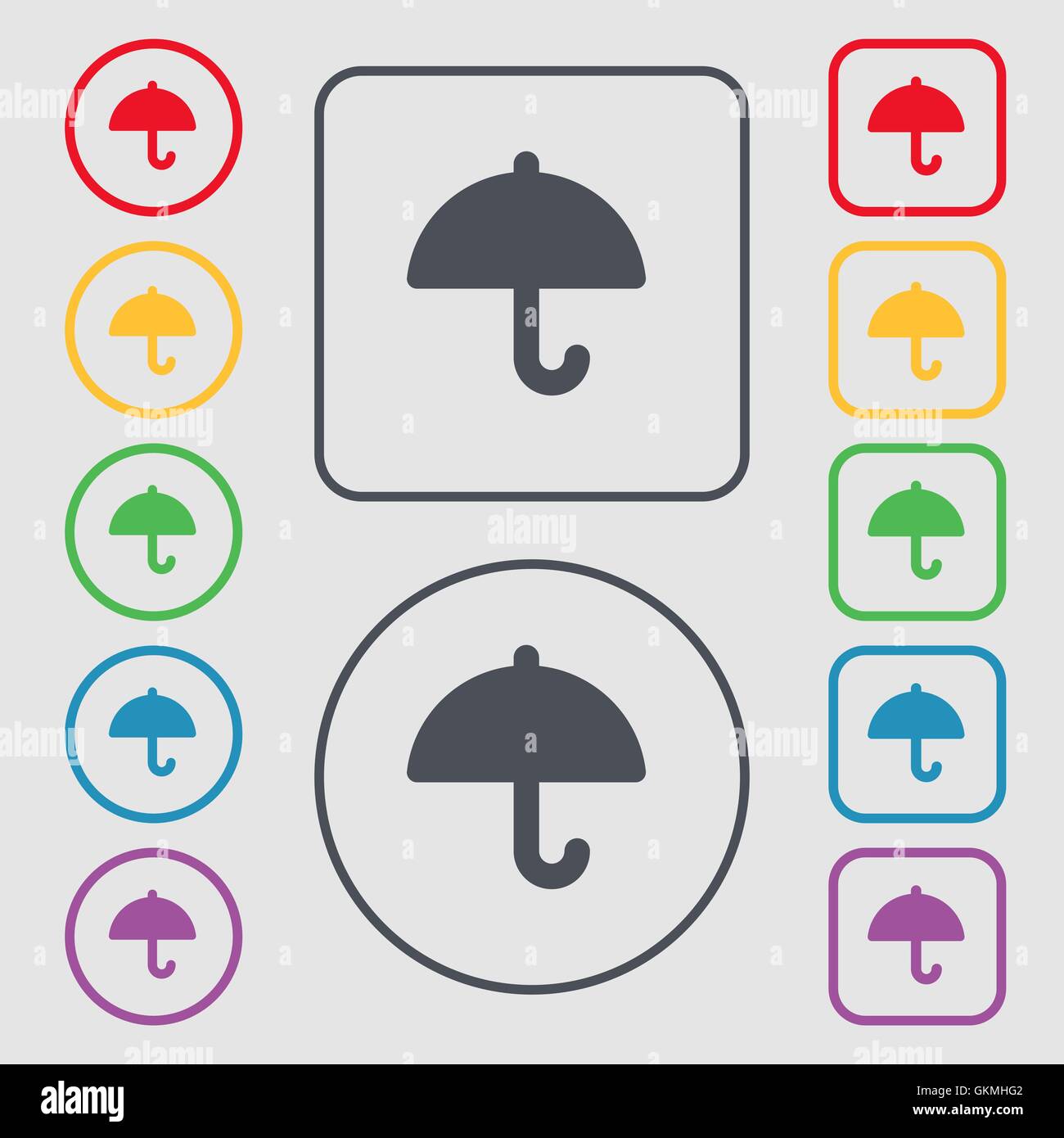 Umbrella icon sign. symbol on the Round and square buttons with frame. Vector Stock Vector
