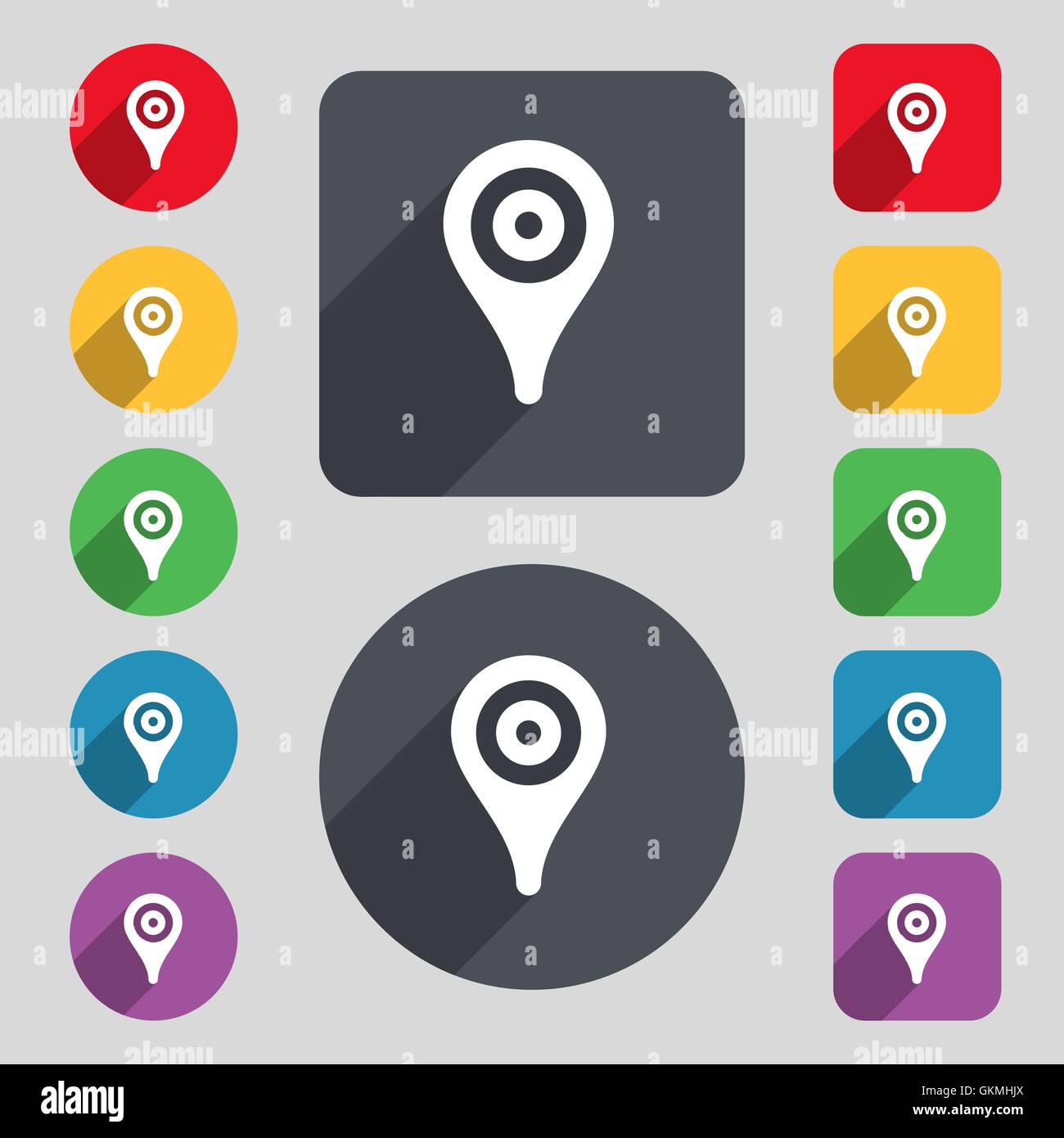 Map pointer, GPS location icon sign. A set of 12 colored buttons and a ...