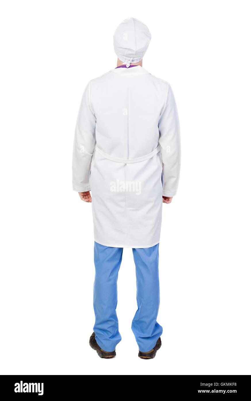 Back view of doctor in robe. Standing young guy. Rear view people collection. backside view of person. Isolated over white background. The nurse in a dressing gown standing and looking up. Stock Photo