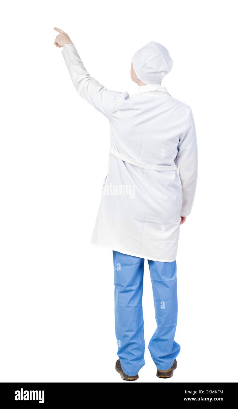 Back view of doctor in robe pointing. Stock Photo