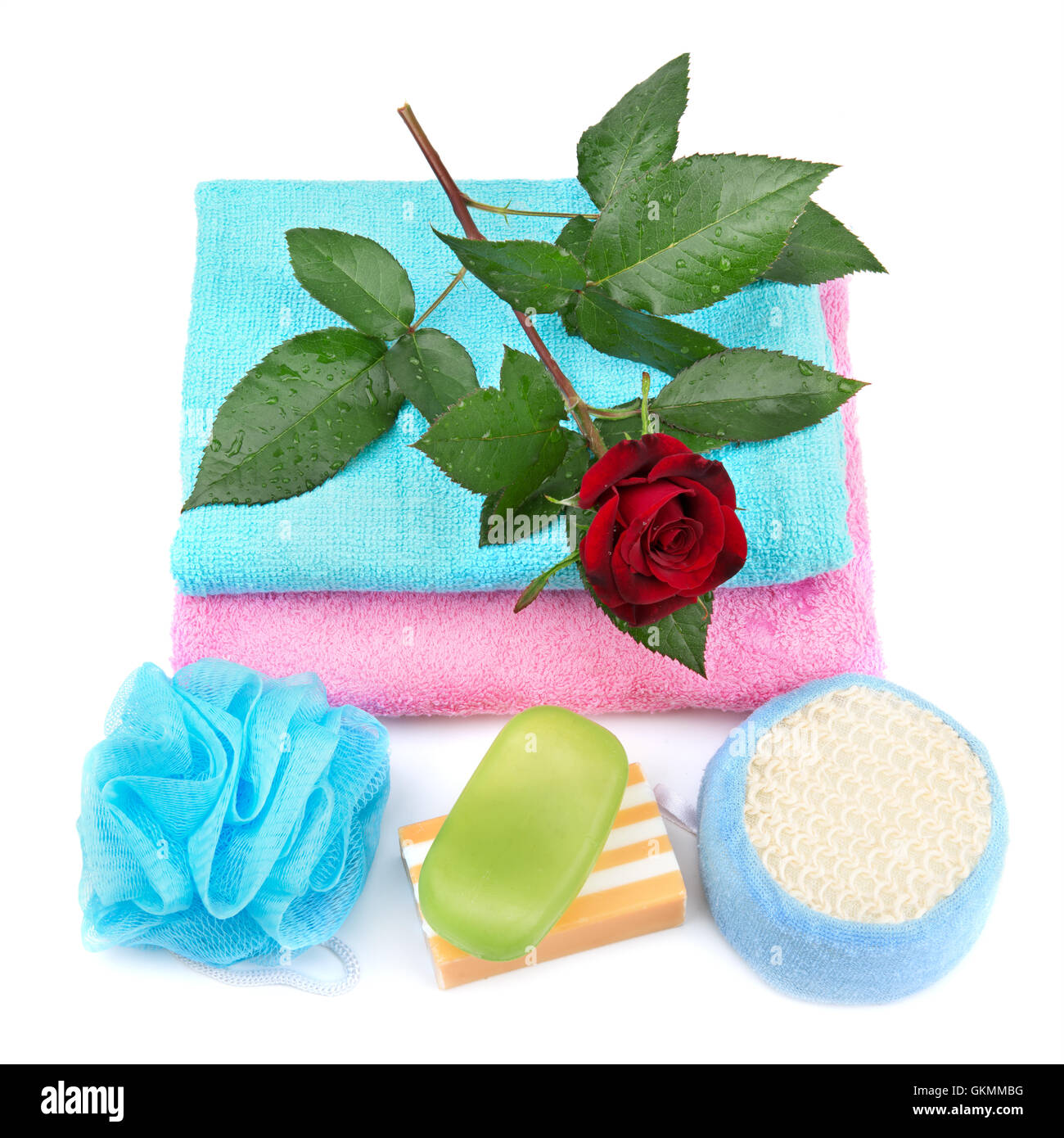 Towels, soap and sponges isolated on white background Stock Photo Alamy
