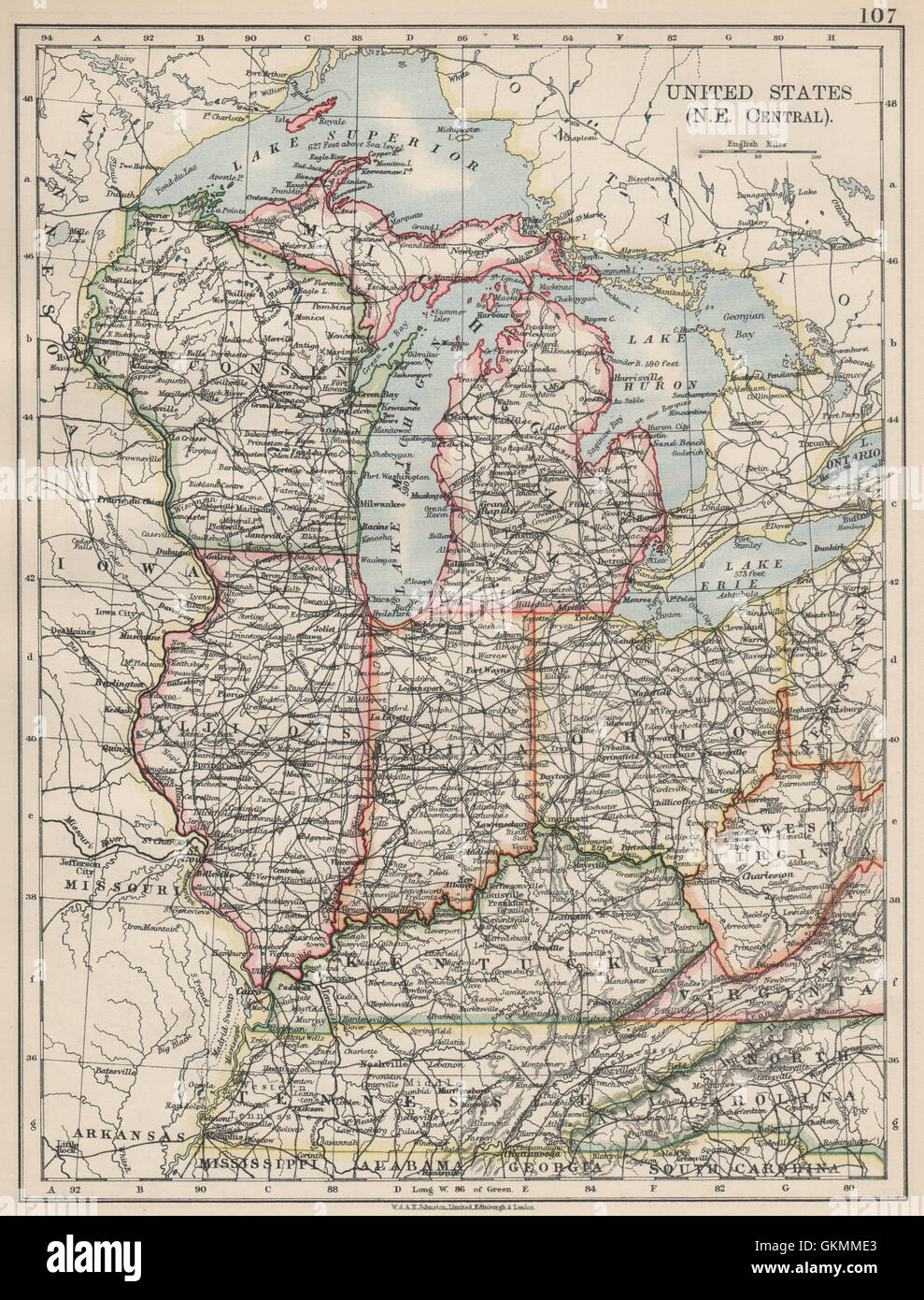 USA MID WEST. Wisconsin Michigan Illinois Ohio Indiana Kentucky TN, 1903 map Stock Photo
