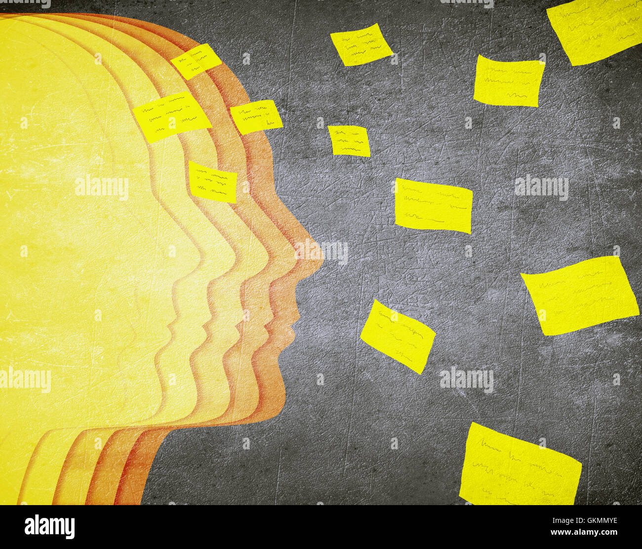colored human head silhouette and flying post it memory concept Stock Photo
