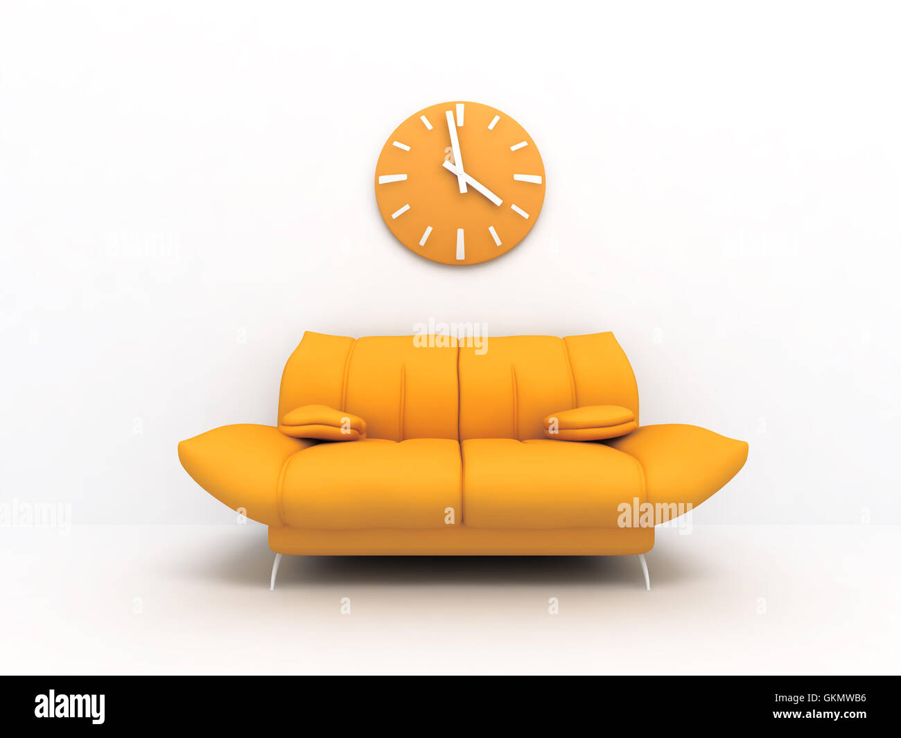 Orange sofa and clock in modern interior of a light living room Stock
