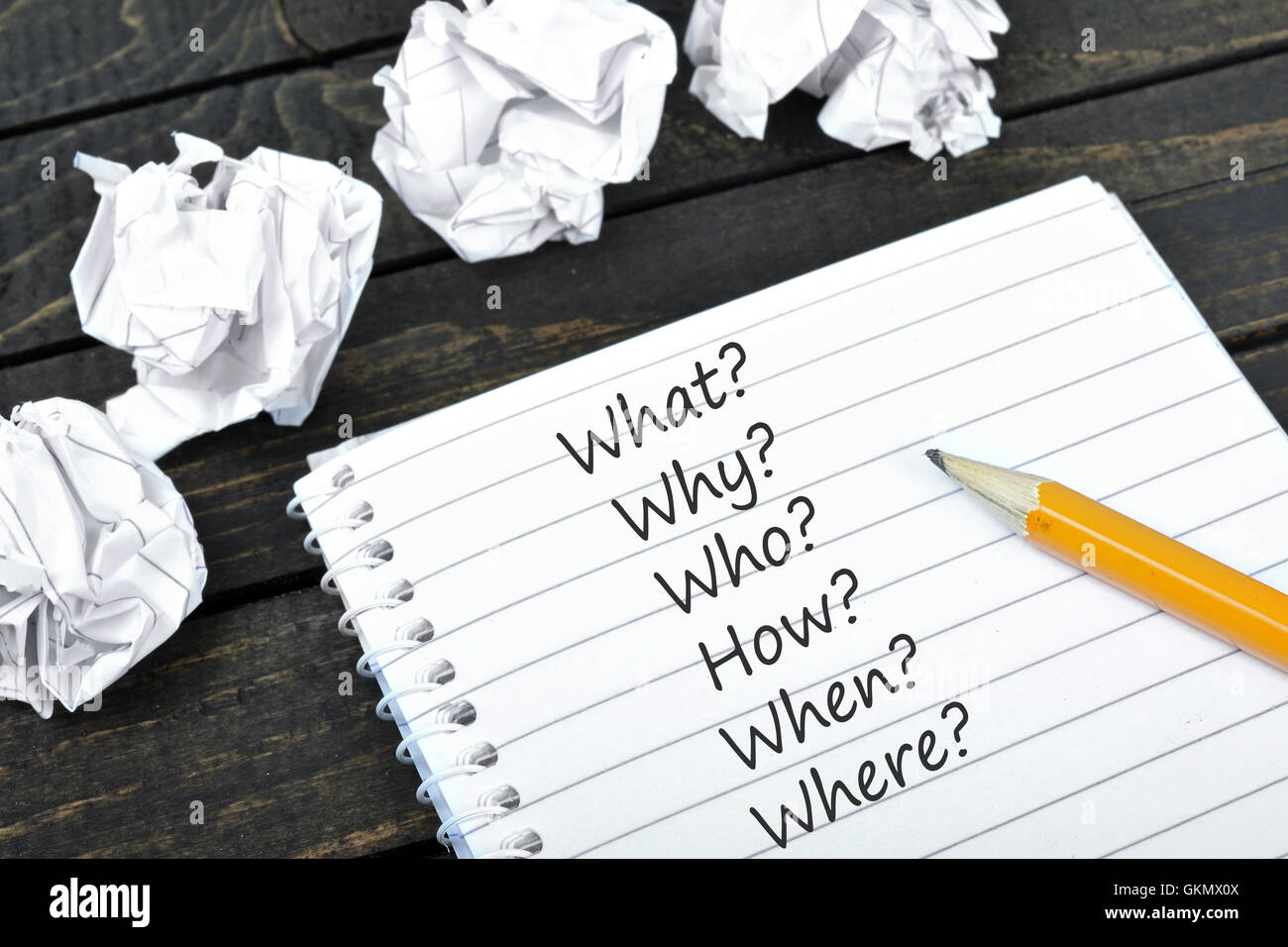 Questions text on notepad and crippled paper Stock Photo Alamy