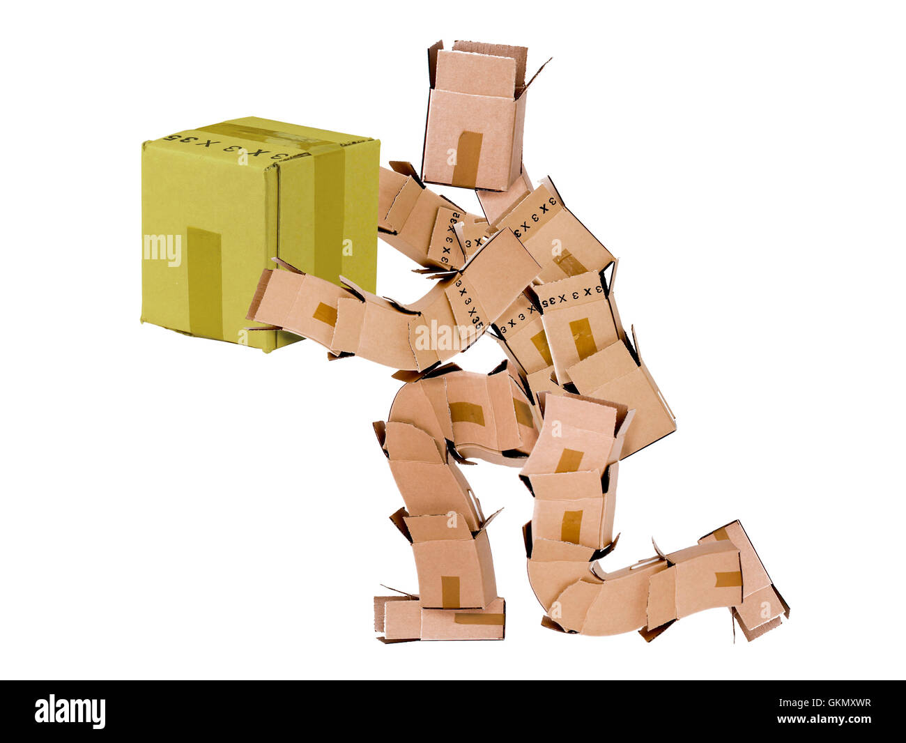 Box man kneeling and giving a gift Stock Photo