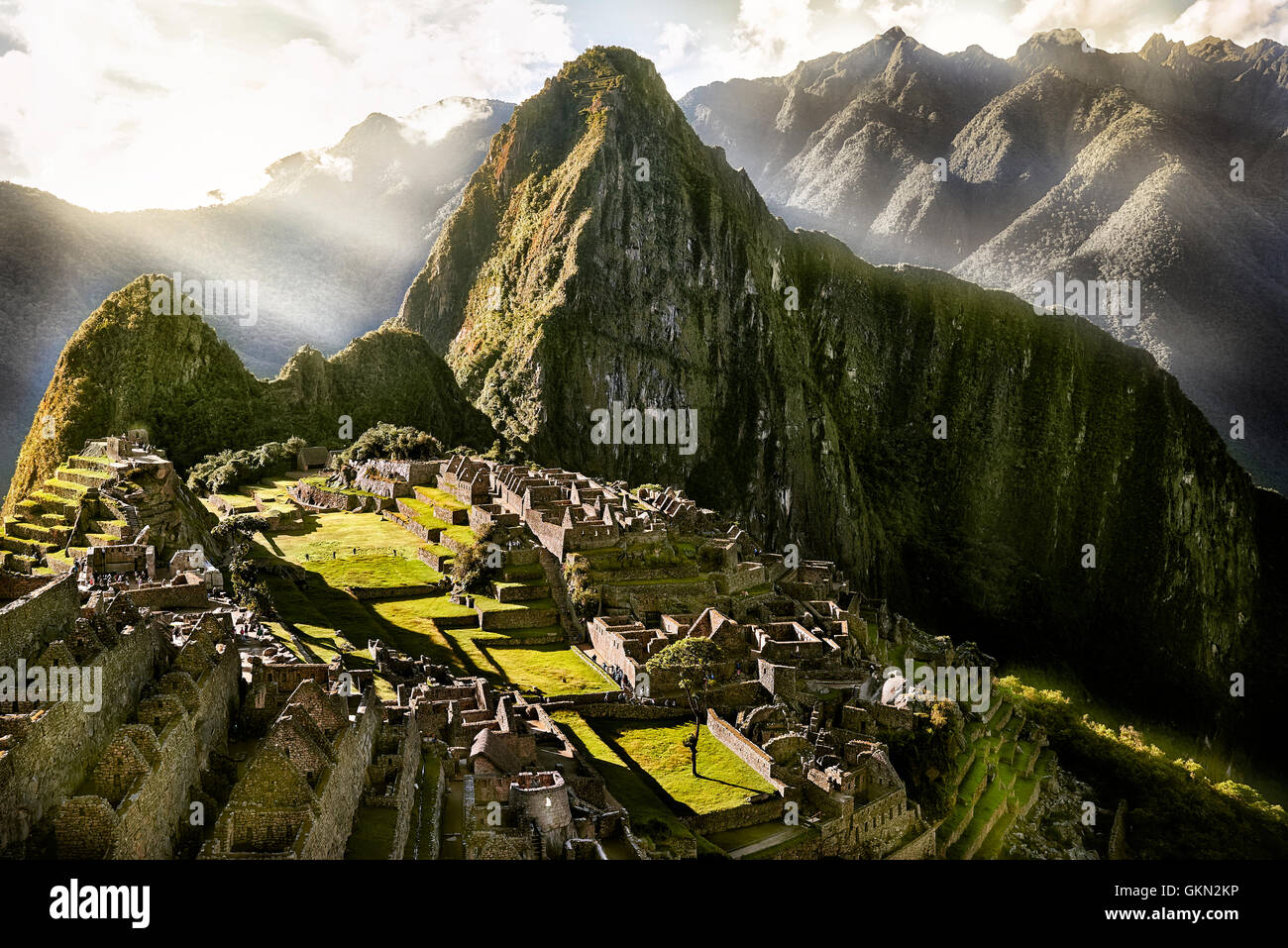 MACHU PICCHU, PERU - MAY 31, 2015: View of the ancient Inca City of Machu Picchu. The 15-th century Inca site.'Lost city of the Stock Photo