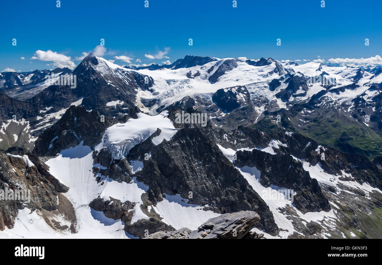 Steigletscher and other glaciers framed by peaks of the Swiss Alps, including Sustenhorn, Gwächtenhorn, and Vorder Tierberg. Stock Photo