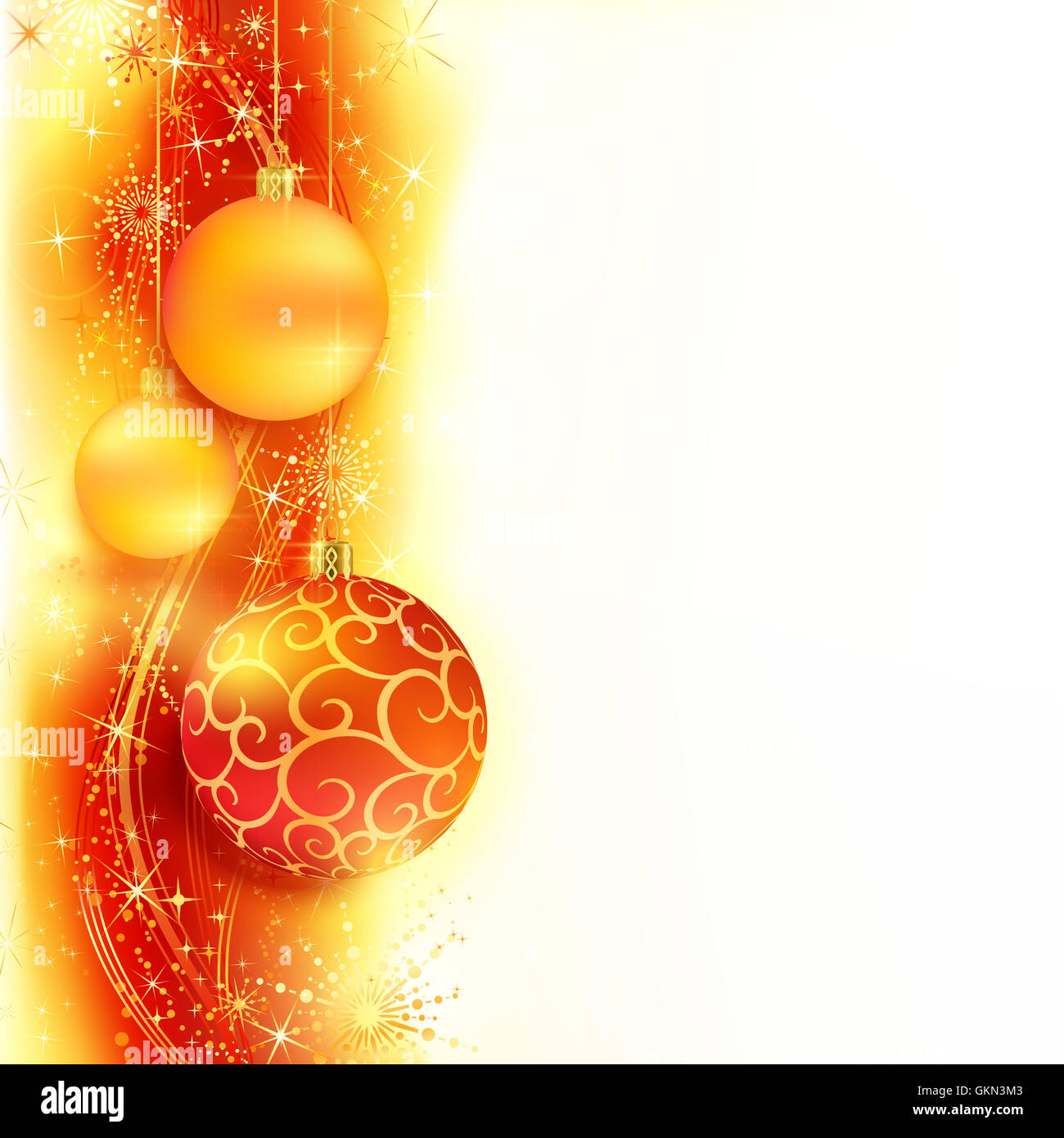 Red golden Christmas background with hanging Christmas balls Stock Photo