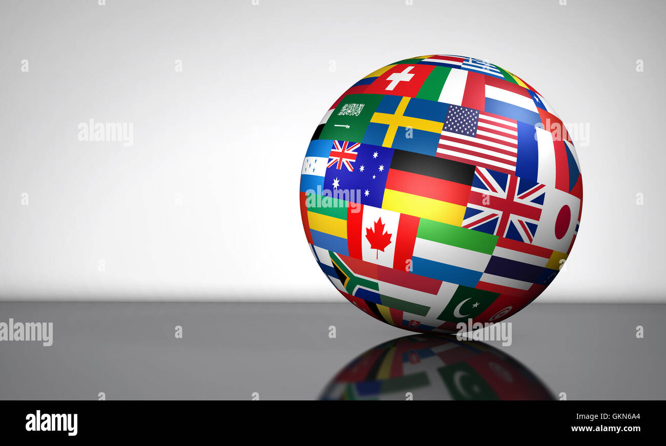 Flags of the world on a globe for international business, school, travel services and global management concept 3d illustration Stock Photo
