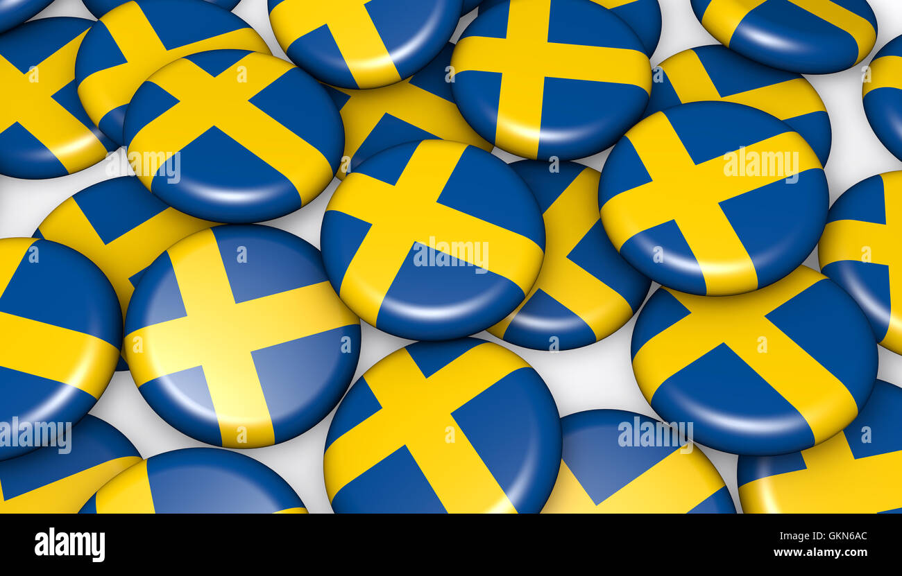 Sweden flag on badges for Swedish national day celebration. Stock Photo