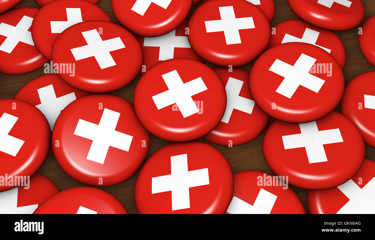 Switzerland flag on badges background image for Swiss national day events, holiday and celebration. Stock Photo