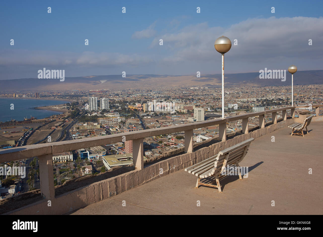 View over the coastal city of Arica in northern Chile from the Morro de Arica Stock Photo