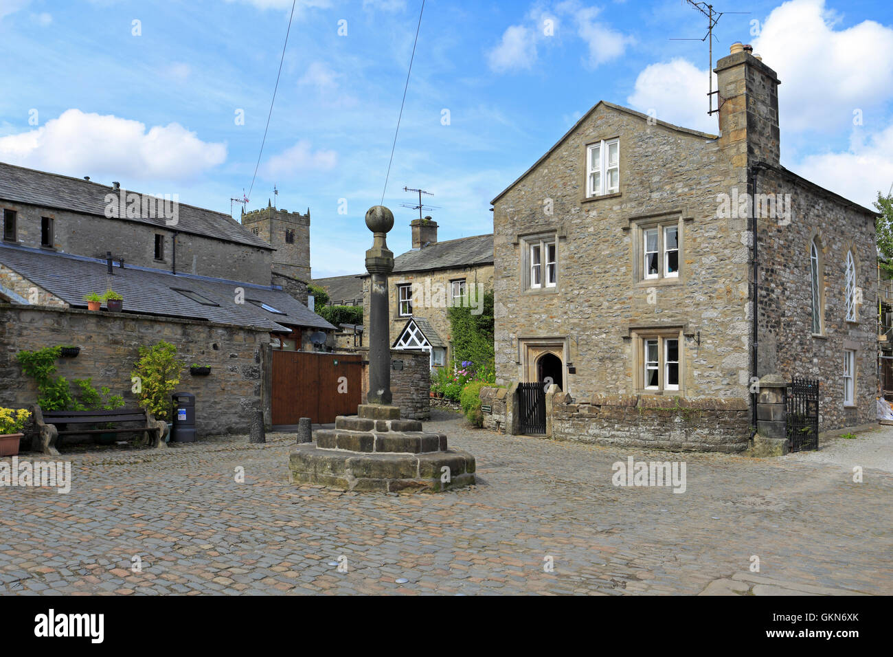 Old Market Cross and Abbot's Hall in the Swine Market, Kirkby Londsale, Cumbria, England, UK. Stock Photo