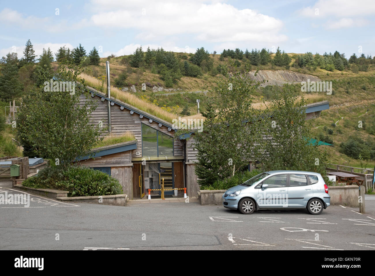 Green living sedum eco friendly grass rooves on Bwlch Nant Yr Arian Visitor Centre Ceredigion Mid Wales Stock Photo