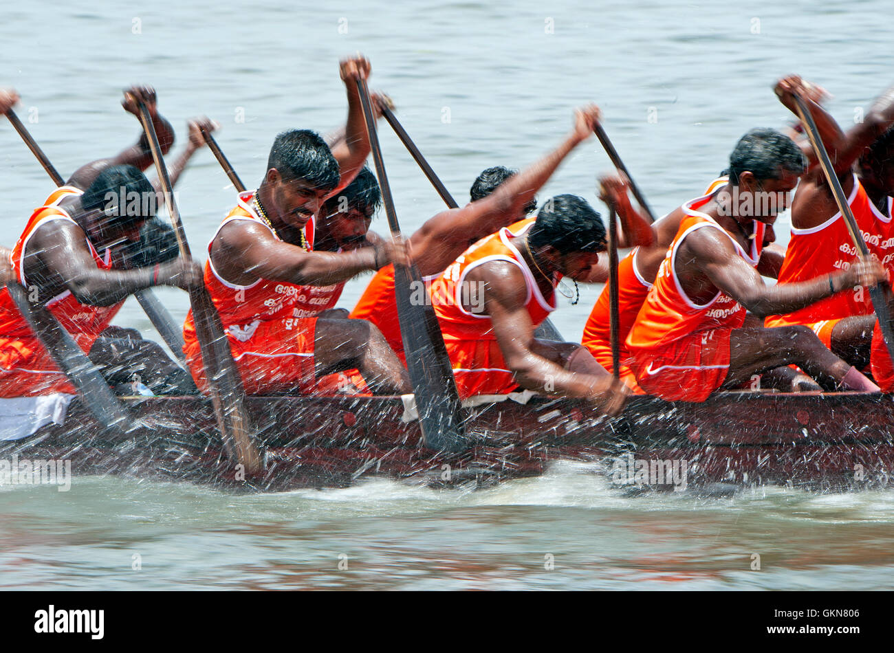 The image of Snake boat in motion, Nehru boat race day, Allaepy, Punnamda Lake, Kerala India Stock Photo
