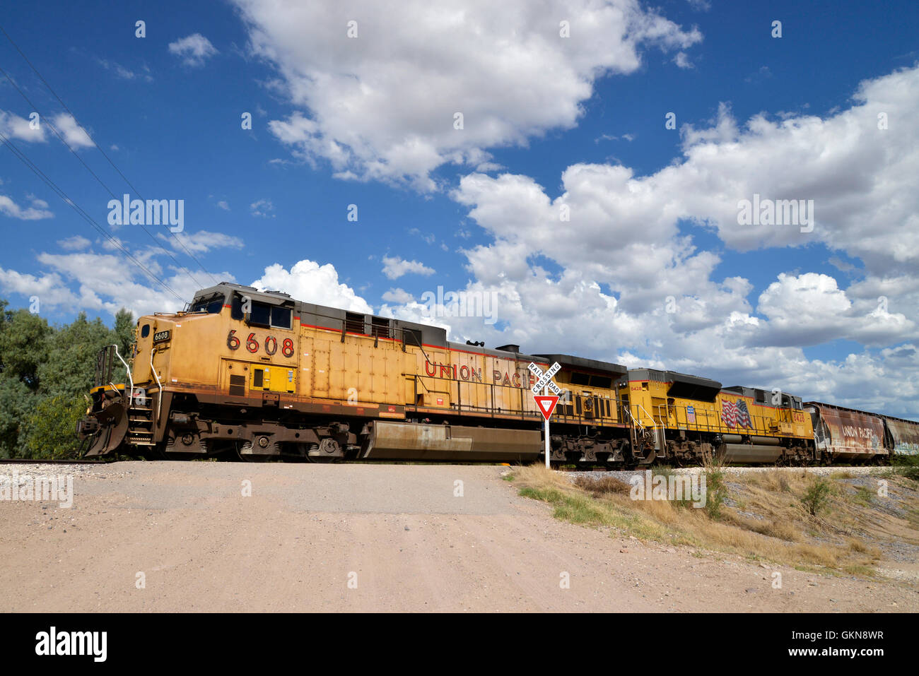 A freight train heading north from Nogales, Sonora, Mexico and Nogales
