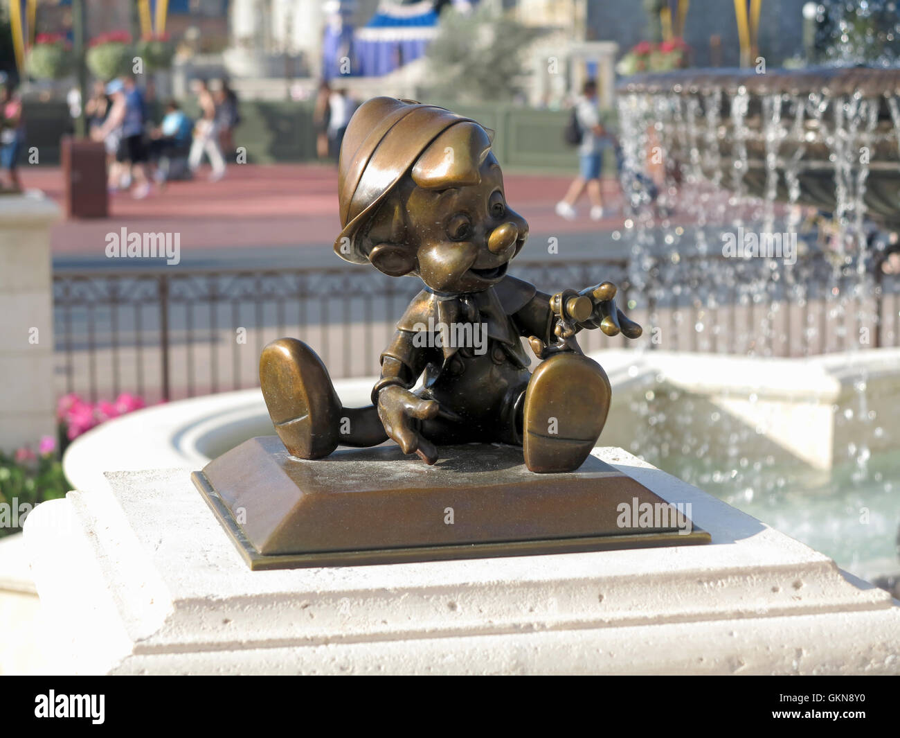 Orlando, Florida. March 5th, 2015. The Pinocchio statue in its new location in the new hub of Magic Kingdom, Walt Disney World. Stock Photo