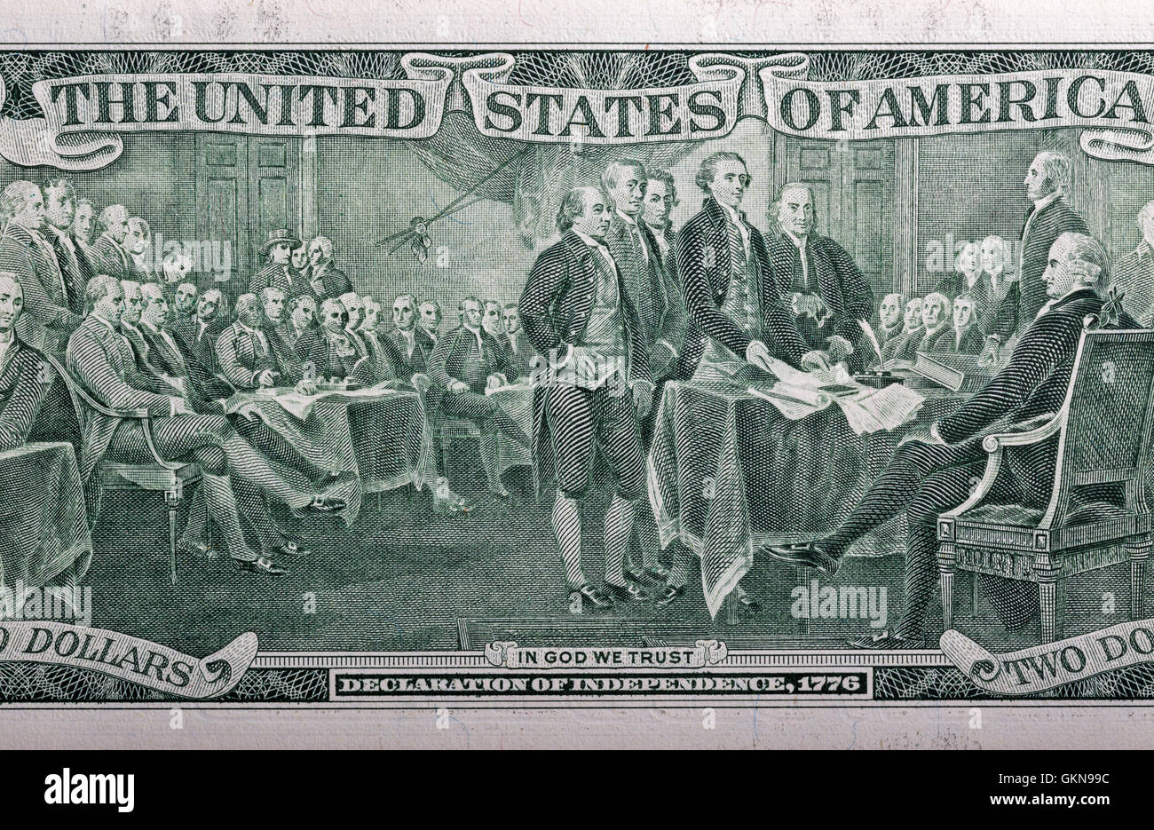 Declaration of independence, 1776 on the back of a two dollar bill closeup Stock Photo