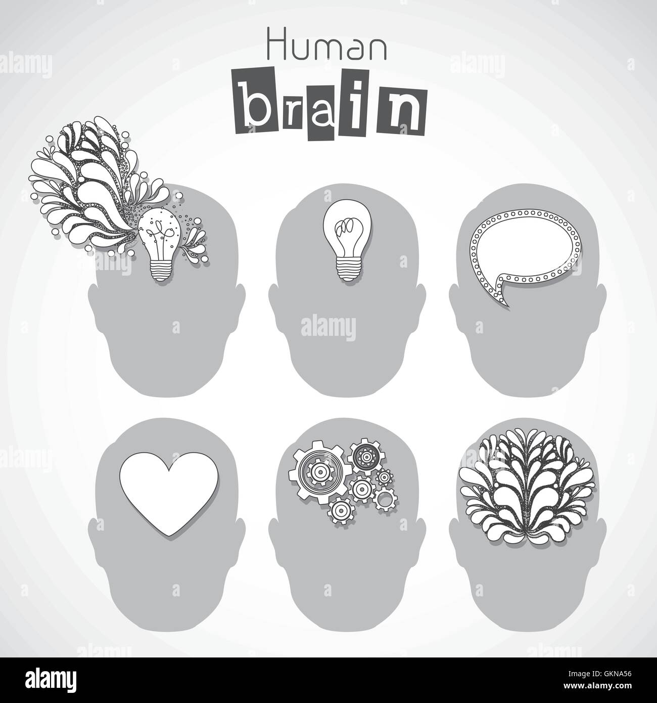 Illustration of silhouette of man with brain bulb heart and gear Stock ...