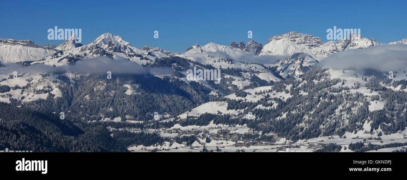 Winter landscape in the Bernese Oberland. View from Mt Wispile. Stock Photo