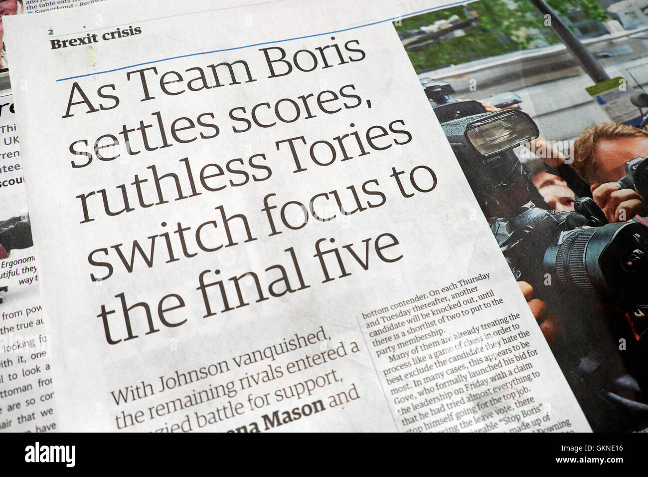 Brexit newspaper article  'As Team Boris settles scores, ruthless Tories switch to the final five'  in the Tory leadership race 2016 London UK Stock Photo