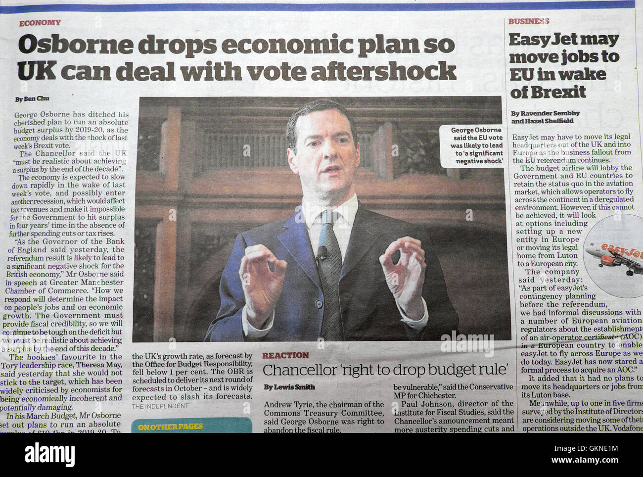 'Osborne drops economic plan so UK can deal with vote aftershock' article in i Independent newspaper 2nd July 2016 Stock Photo