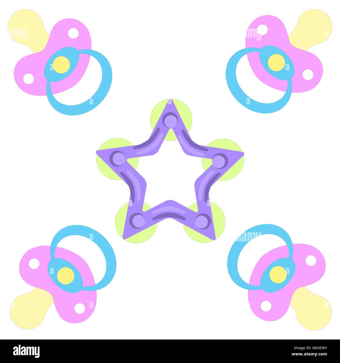 Cute picture of a baby pacifiers and teething ring on a white