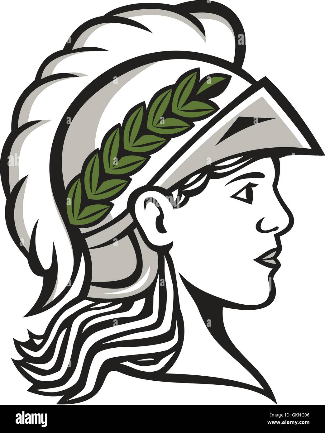 Illustration of Minerva or Menrva, the Roman goddess of wisdom and sponsor of arts, trade, and strategy wearing helment and laurel crown head viewed from side set on isolated white background. Stock Vector
