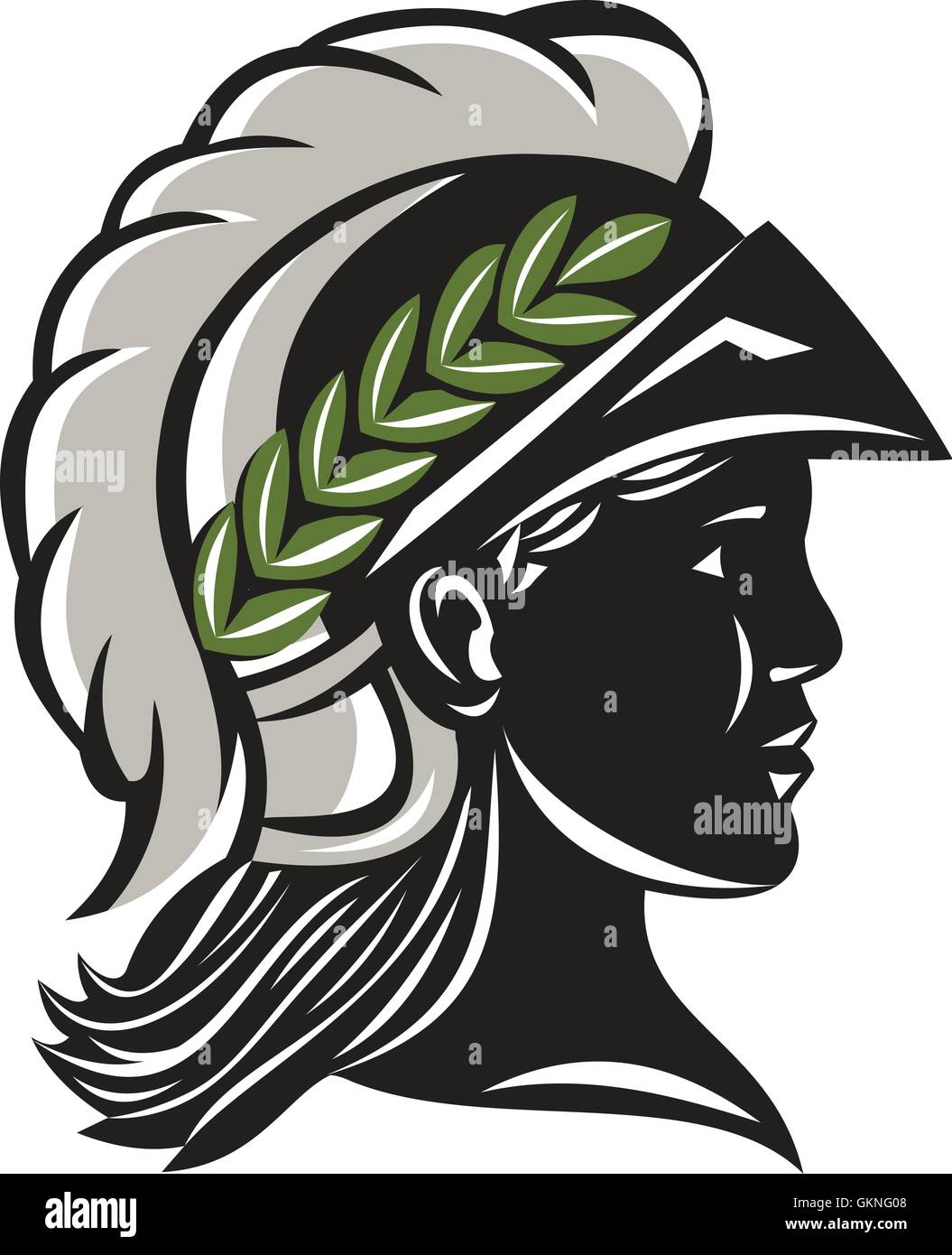 Illustration of Minerva or Menrva, the Roman goddess of wisdom and sponsor of arts, trade, and strategy wearing helmet and laurel crown head in a silhouette viewed from side set on isolated white background. Stock Vector