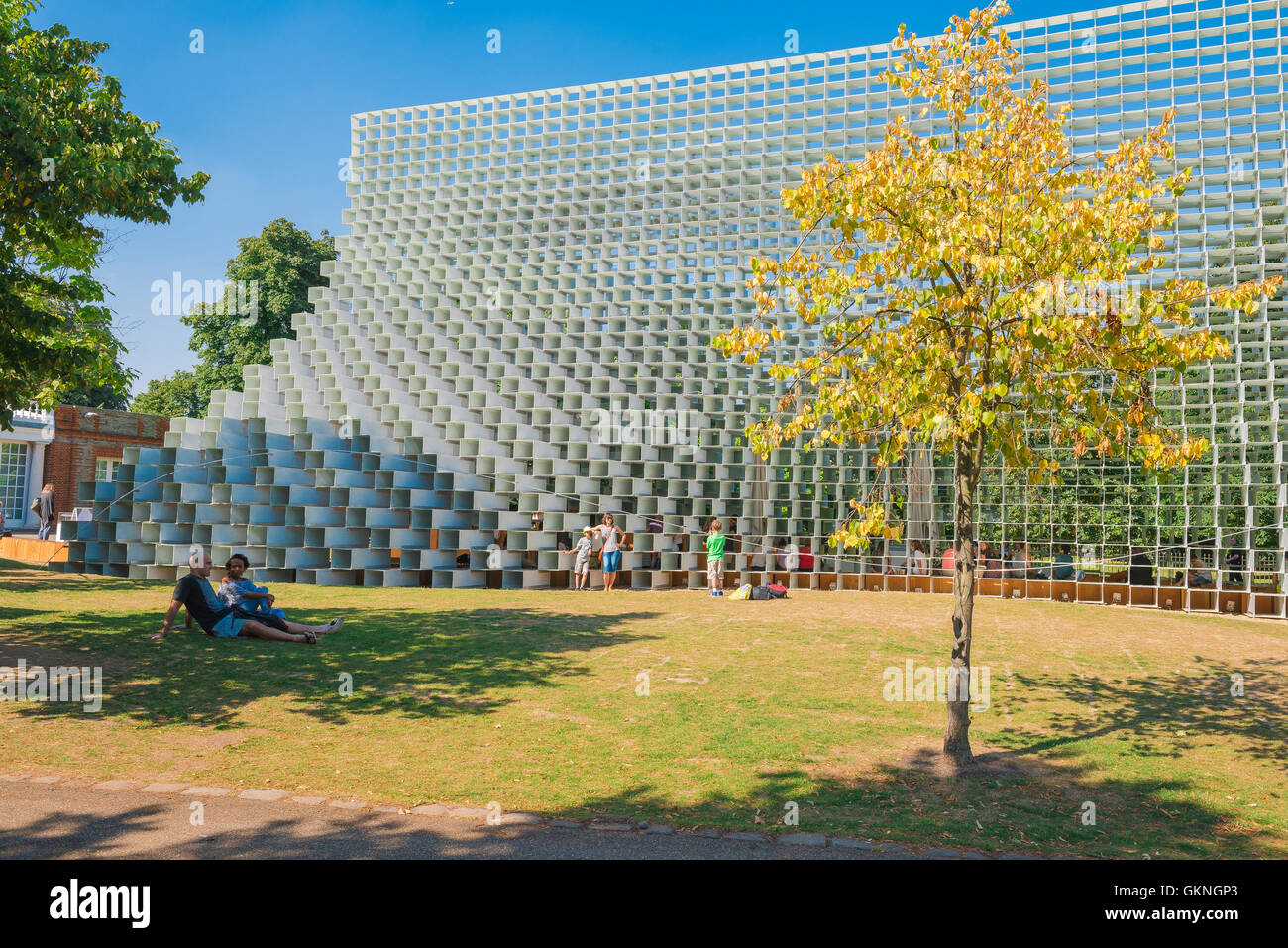 Hyde Park London, 2016 Summer Pavilion beside the Serpentine Gallery in Kensington Gardens, London, designed by Bjarke Ingels. Stock Photo