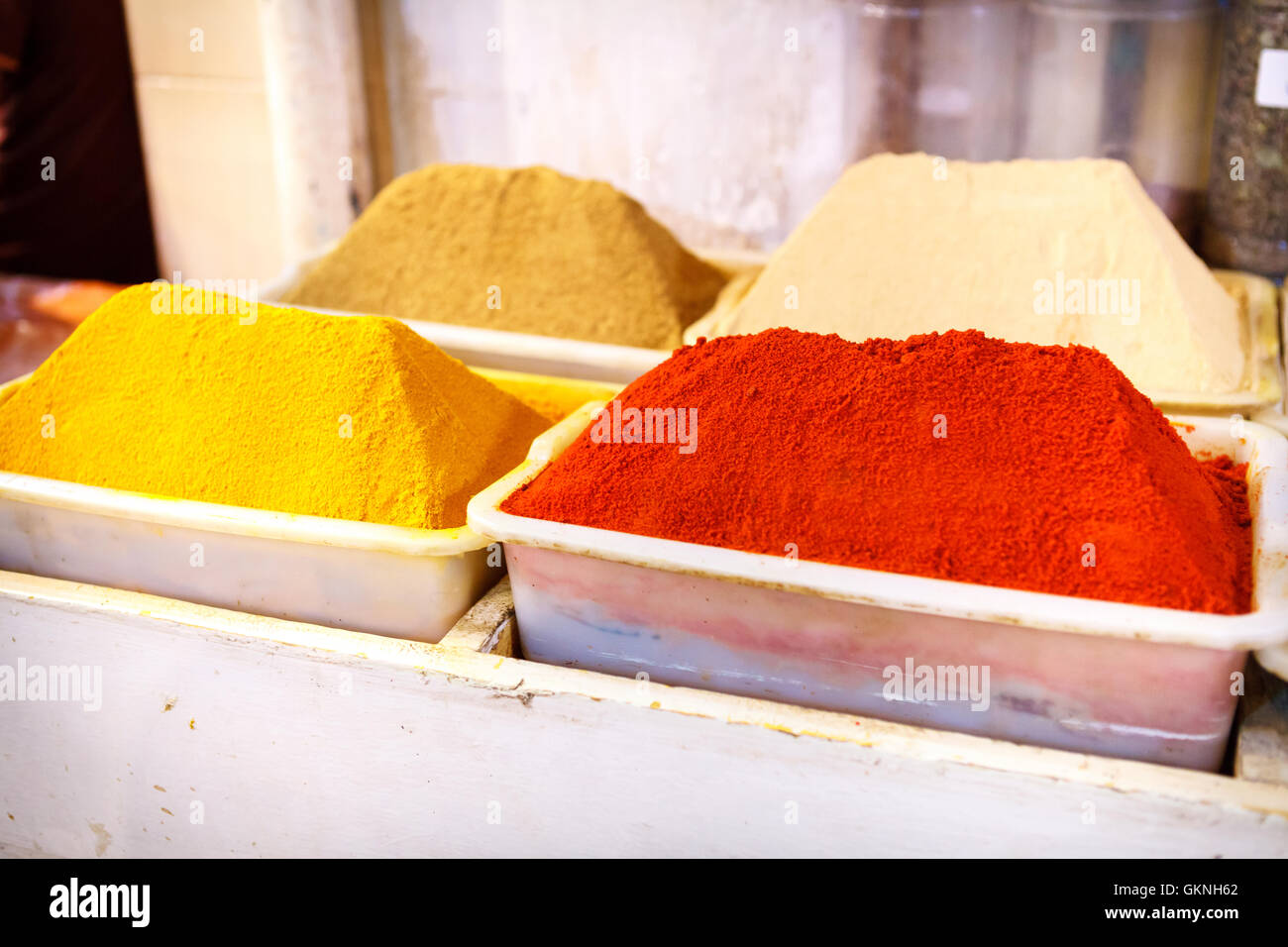 Bowls of various color spices on the market in Marrakesh, Morocco, Africa Stock Photo