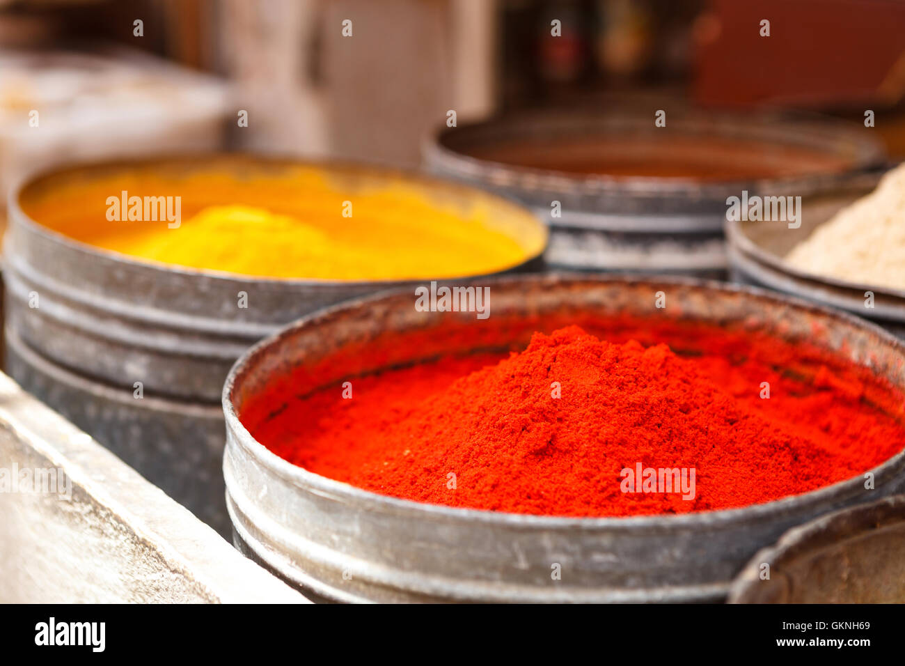 Bowls of various color spices on the market in Marrakesh, Morocco, Africa Stock Photo