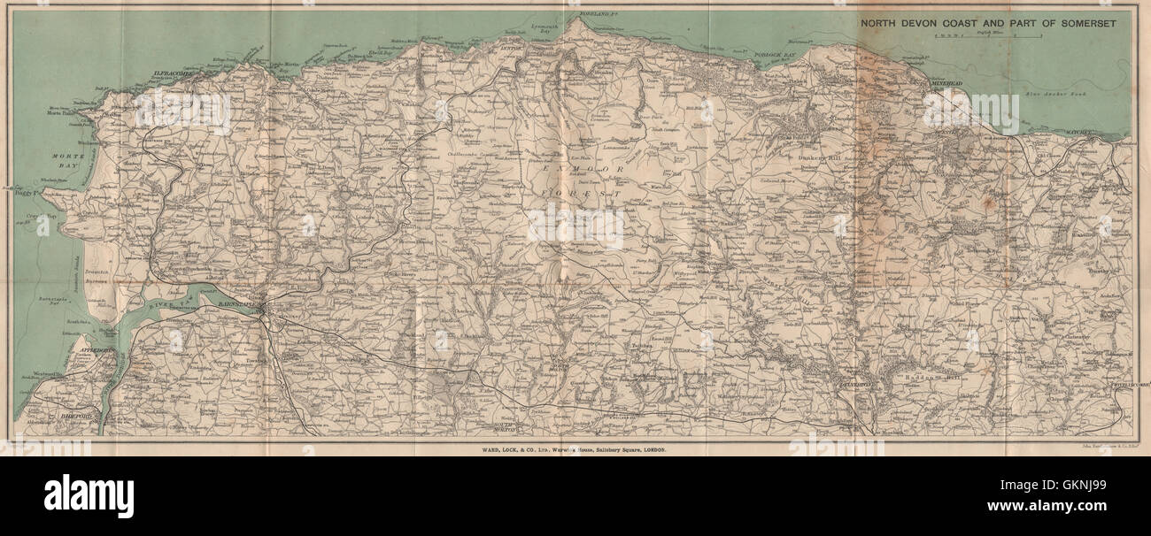 Map Of North Devon And Somerset Exmoor & North/Somerset Coast. Bideford Barnstaple Ilfracombe Minehead,  1907 Map Stock Photo - Alamy