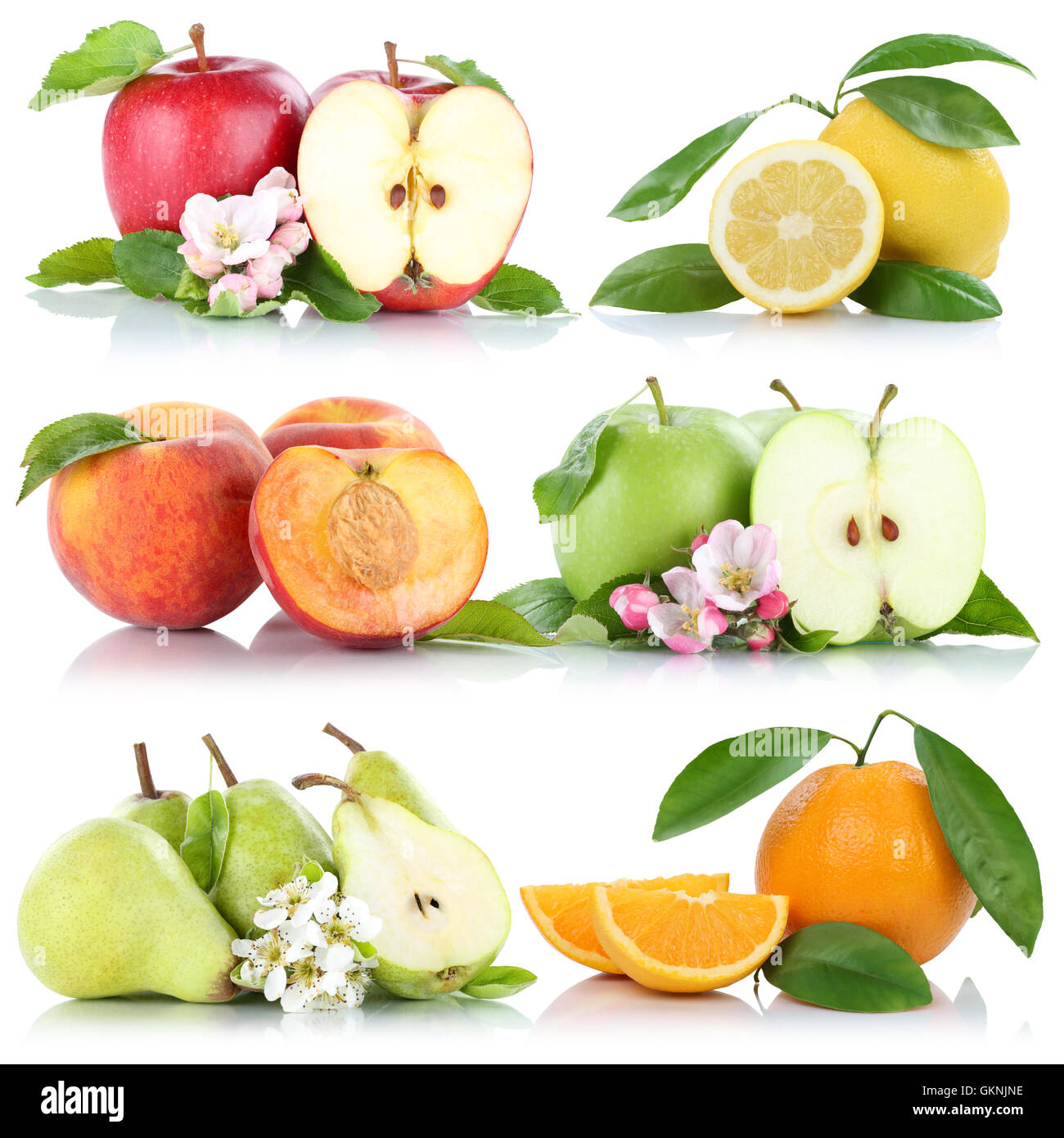 Fruits apple orange peach apples oranges collection isolated on a white background Stock Photo
