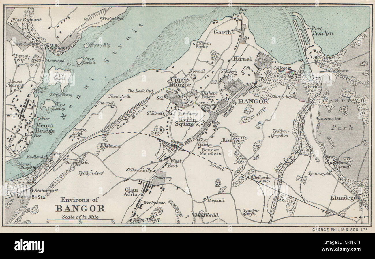 BANGOR vintage town/city plan. Menai Bridge. Wales. WARD LOCK, 1906 old