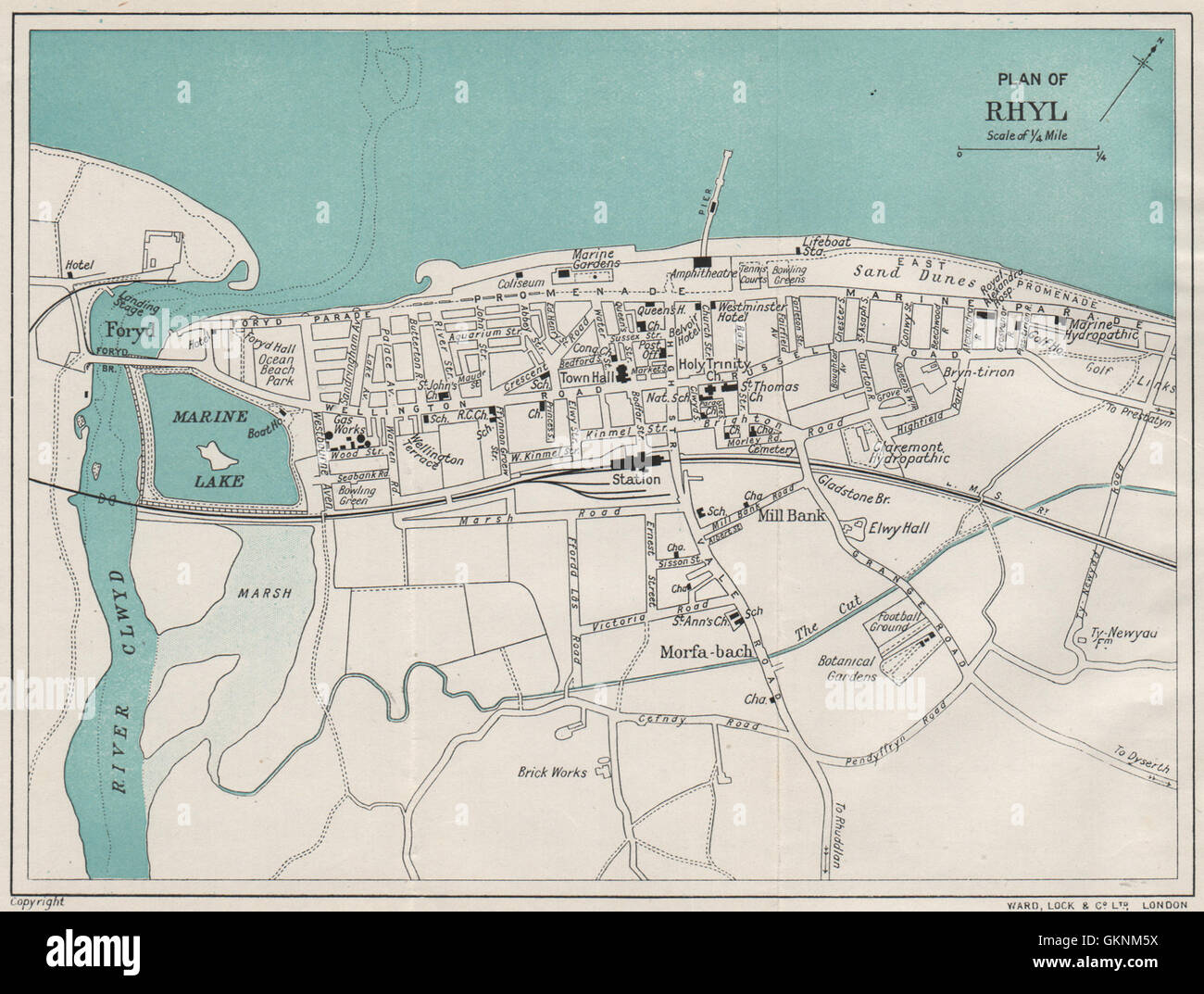RHYL vintage town/city plan. Wales. WARD LOCK, 1925 vintage map Stock ...